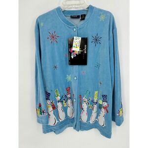 Onque Woman Blue Velour Snowman Embroidered Cardigan Sweater Size 2X Christmas